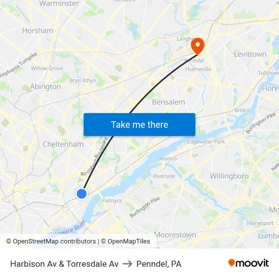 Harbison Av & Torresdale Av to Penndel, PA map