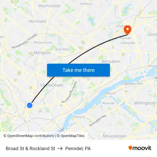 Broad St & Rockland St to Penndel, PA map