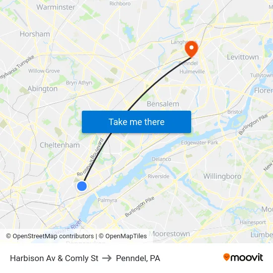 Harbison Av & Comly St to Penndel, PA map