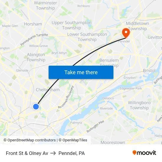 Front St & Olney Av to Penndel, PA map