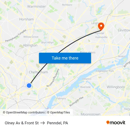 Olney Av & Front St to Penndel, PA map