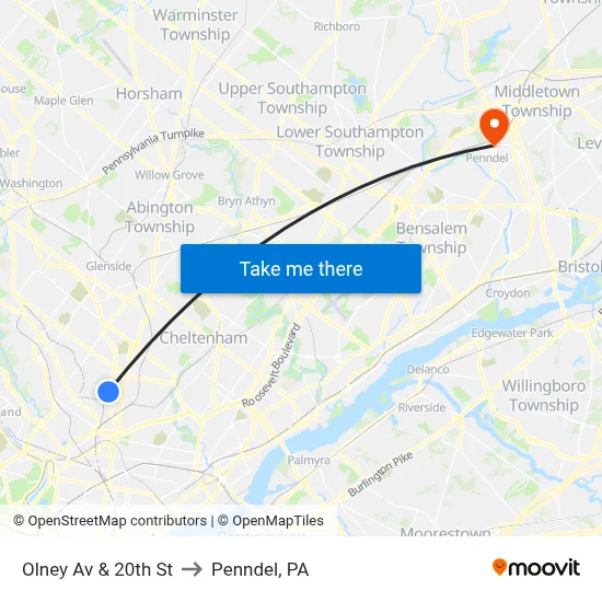 Olney Av & 20th St to Penndel, PA map