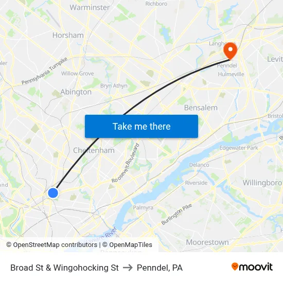 Broad St & Wingohocking St to Penndel, PA map