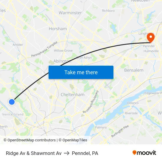 Ridge Av & Shawmont Av to Penndel, PA map