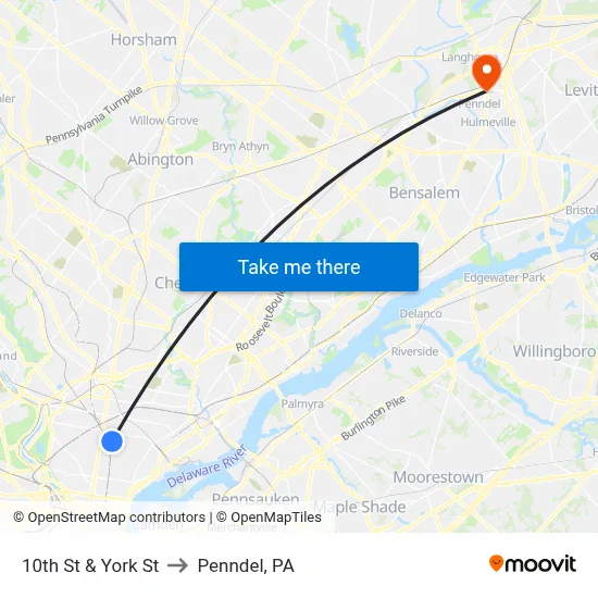 10th St & York St to Penndel, PA map