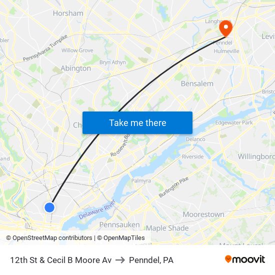 12th St & Cecil B Moore Av to Penndel, PA map