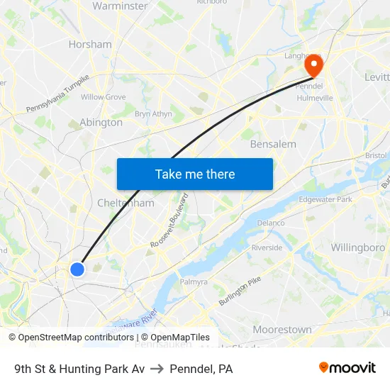 9th St & Hunting Park Av to Penndel, PA map