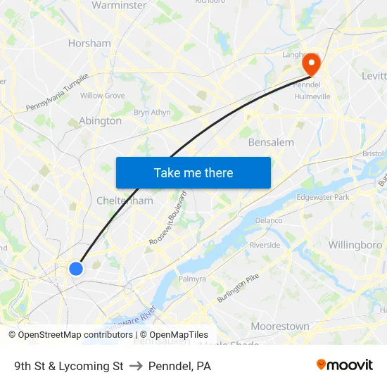 9th St & Lycoming St to Penndel, PA map
