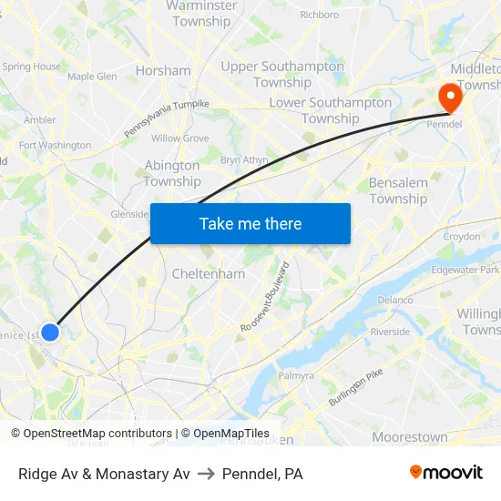 Ridge Av & Monastary Av to Penndel, PA map