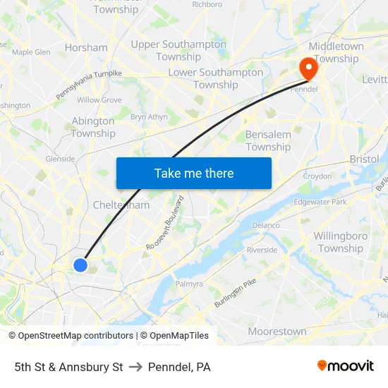 5th St & Annsbury St to Penndel, PA map