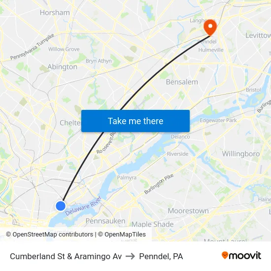 Cumberland St & Aramingo Av to Penndel, PA map