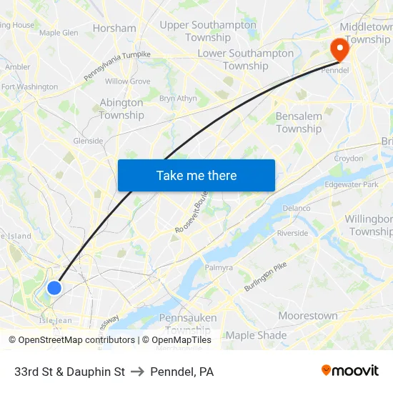 33rd St & Dauphin St to Penndel, PA map