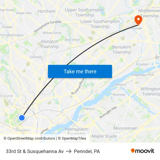 33rd St & Susquehanna Av to Penndel, PA map