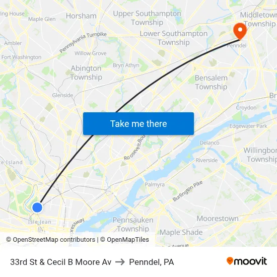 33rd St & Cecil B Moore Av to Penndel, PA map