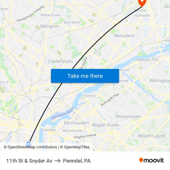 11th St & Snyder Av to Penndel, PA map