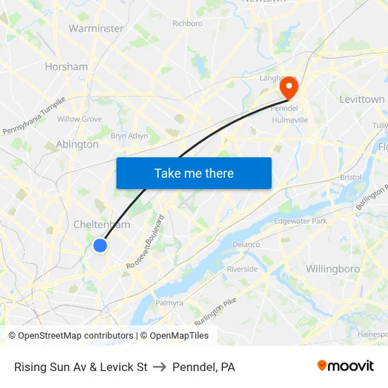 Rising Sun Av & Levick St to Penndel, PA map