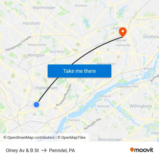 Olney Av & B St to Penndel, PA map
