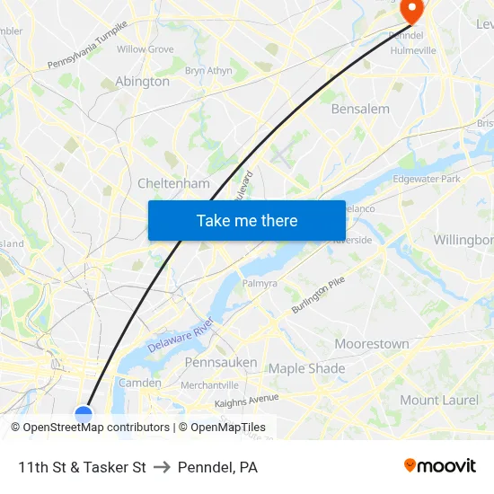 11th St & Tasker St to Penndel, PA map