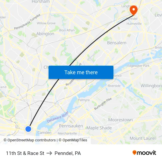 11th St & Race St to Penndel, PA map