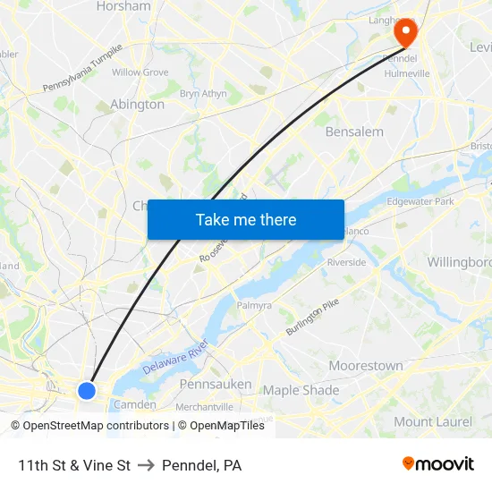 11th St & Vine St to Penndel, PA map