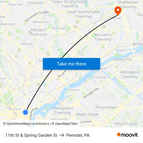 11th St & Spring Garden St to Penndel, PA map