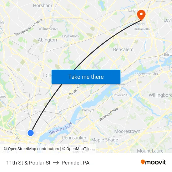 11th St & Poplar St to Penndel, PA map