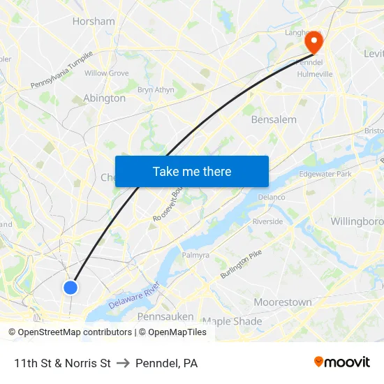 11th St & Norris St to Penndel, PA map
