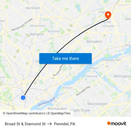 Broad St & Diamond St to Penndel, PA map