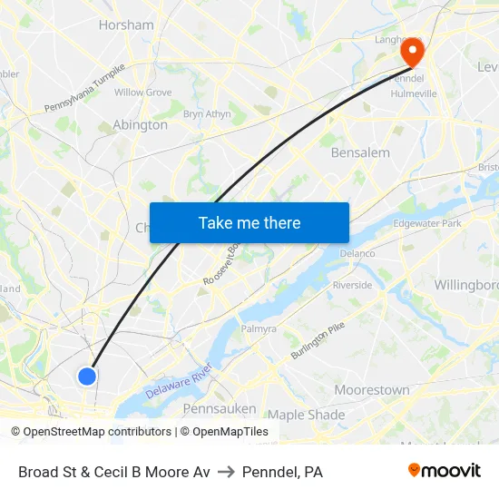 Broad St & Cecil B Moore Av to Penndel, PA map