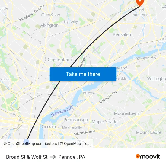 Broad St & Wolf St to Penndel, PA map
