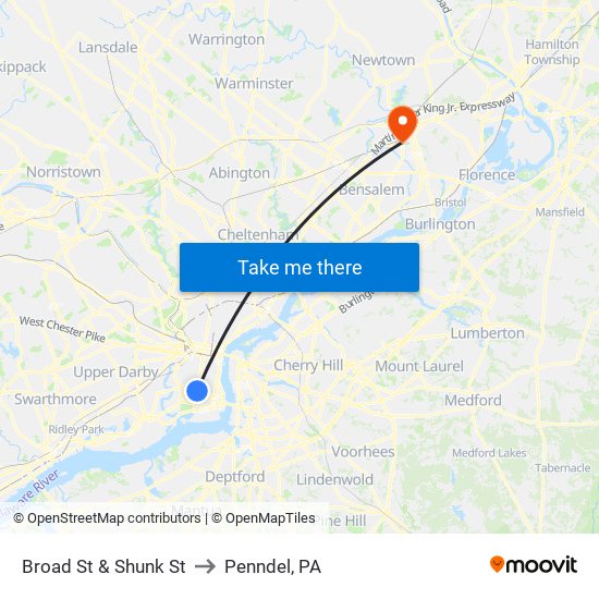 Broad St & Shunk St to Penndel, PA map