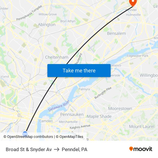 Broad St & Snyder Av to Penndel, PA map
