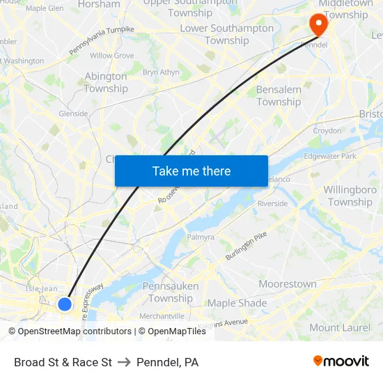 Broad St & Race St to Penndel, PA map