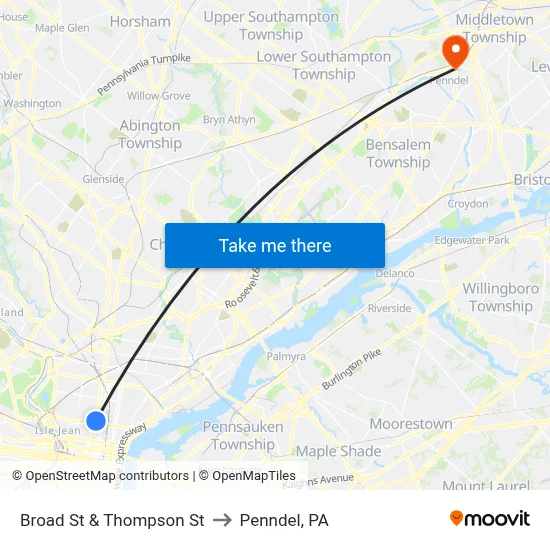 Broad St & Thompson St to Penndel, PA map