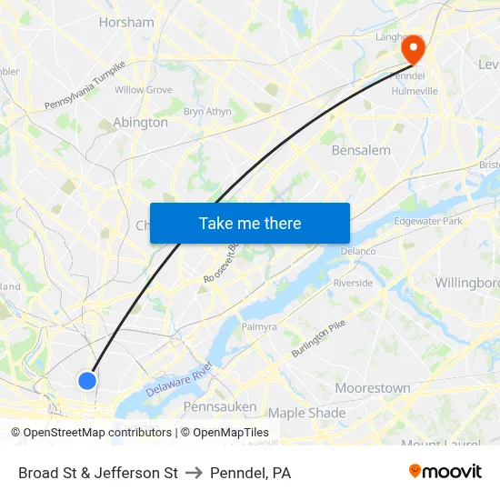 Broad St & Jefferson St to Penndel, PA map