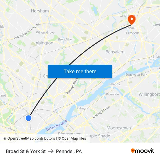 Broad St & York St to Penndel, PA map