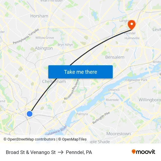 Broad St & Venango St to Penndel, PA map