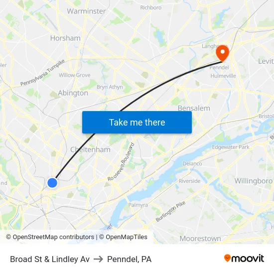 Broad St & Lindley Av to Penndel, PA map