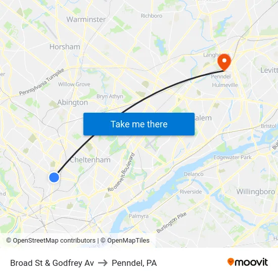 Broad St & Godfrey Av to Penndel, PA map