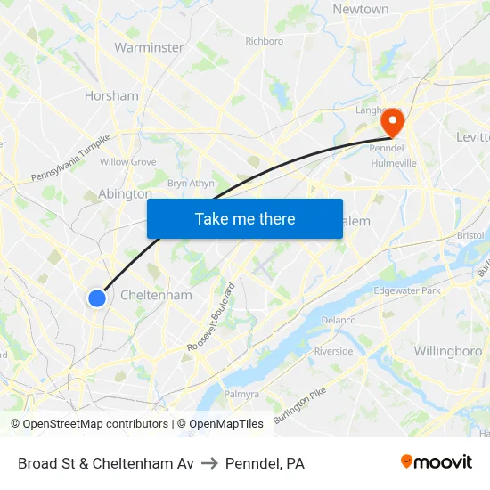 Broad St & Cheltenham Av to Penndel, PA map