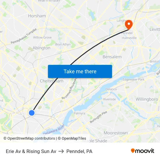 Erie Av & Rising Sun Av to Penndel, PA map