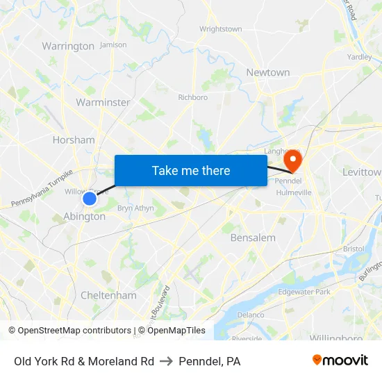 Old York Rd & Moreland Rd to Penndel, PA map