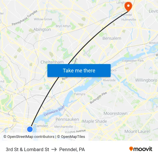 3rd St & Lombard St to Penndel, PA map
