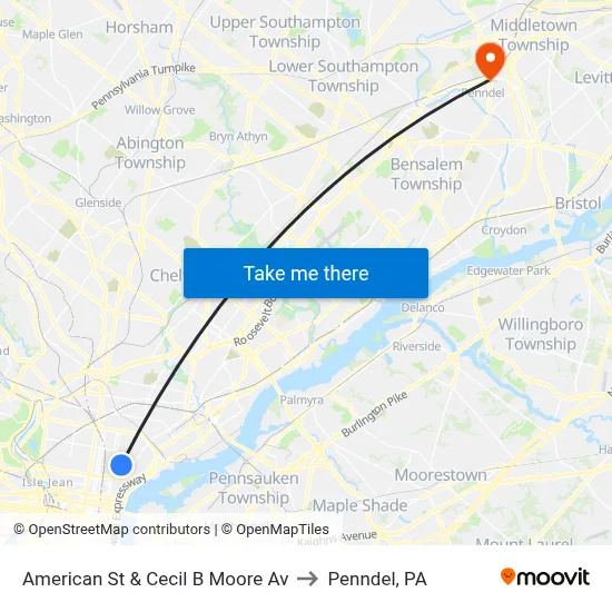 American St & Cecil B Moore Av to Penndel, PA map