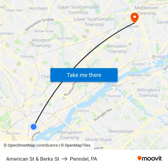 American St & Berks St to Penndel, PA map