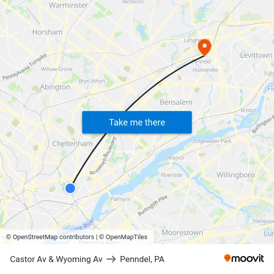 Castor Av & Wyoming Av to Penndel, PA map