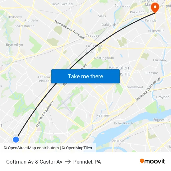 Cottman Av & Castor Av to Penndel, PA map