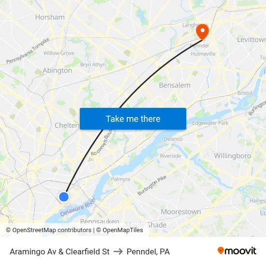 Aramingo Av & Clearfield St to Penndel, PA map