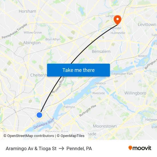 Aramingo Av & Tioga St to Penndel, PA map