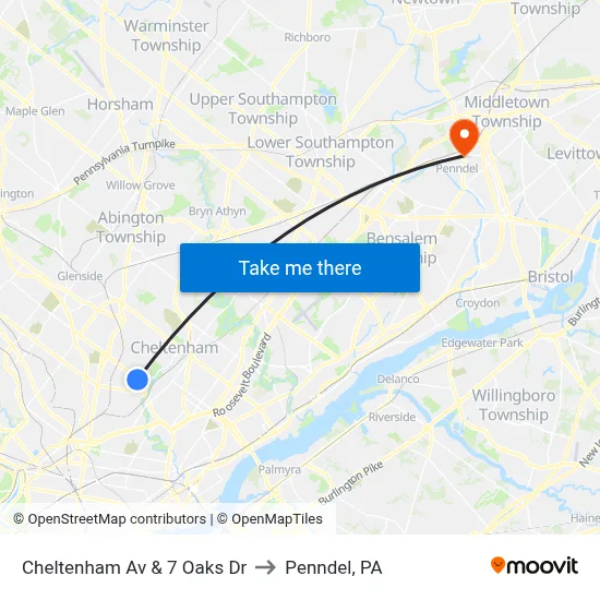Cheltenham Av & 7 Oaks Dr to Penndel, PA map